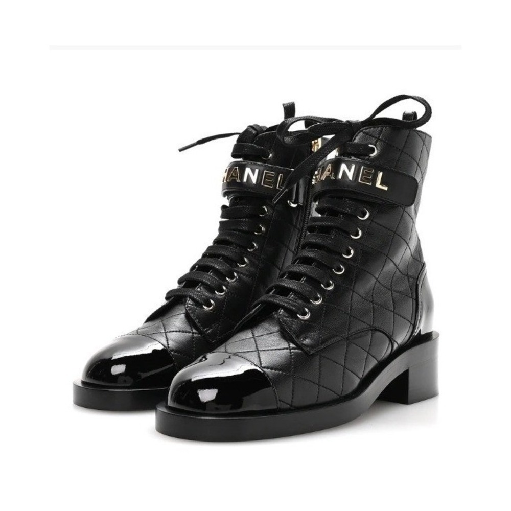 Chanel Quilted Lambskin Patent Leather Logo Combat Boots Black 37.5
